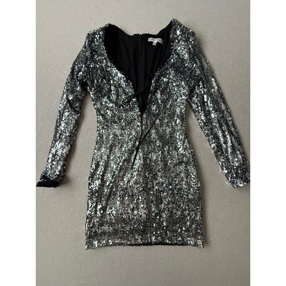 Dress the Population Silver Sequin Mini Dress Long Sleeve Deep V-Neck Size M